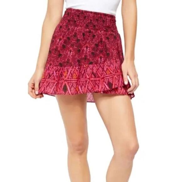 Free People Dresses & Skirts - Free People Riviera Mini Skirt Women's S Red Boho Pop Combo Smocked Waist Ruffle